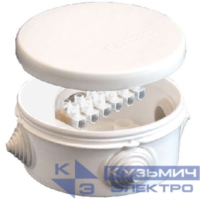 Коробка распределительная ОП d90х45мм IP54 с клемм. 4 выхода 4 гермоввода 10А 6 контактов крышка защелкивающаяся бел. Epplast 140143