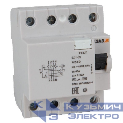 Выключатель дифференциального тока (УЗО) 4п 16А 30мА ВД1-63-4216-АС УХЛ4 электронное КЭАЗ 318478
