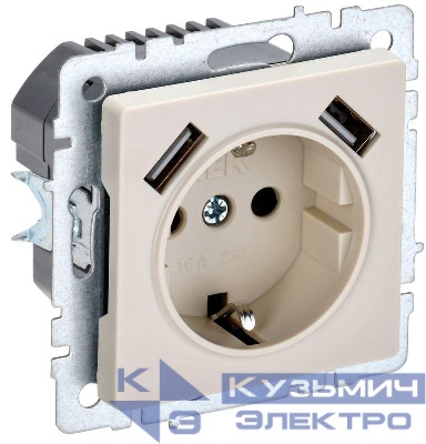 Розетка BRITE РЮш10-1-БрКр 16А с USB A+A 2.1А с заземл. защ. шторки механизм беж. IEK BR-R14-16-U21-D21-K10
