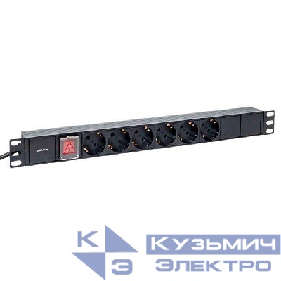 Блок PDU TERACOM 19дюйм 1U 16А/250В 6 роз. Schuko с выключат. шнур 2м 3х1.5кв.мм вилка Schuko корпус пластик черн. EKF TRC-HPD-LS-16A-6SH-2MSH