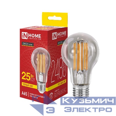 Лампа светодиодная LED-A65-deco 25Вт прозрачная 3000К E27 2480лм 230В IN HOME 4690612063188