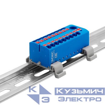 Блок распределительный с горизонт. адаптером на рейку шир. 35мм зажим push-in 1 ввод 6кв.мм 18 точек подключения 2.5кв.мм син. DKC DTP1-118-104SPUB-H