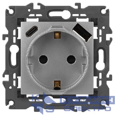 Розетка 1-м СП Elegance 14-4108-03 16А 250В 2P+E с USB type-A+C 5В-3А защ. шторки алюм. Эра Б0067741