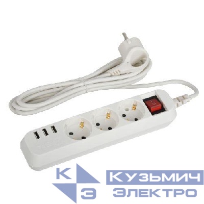 Удлинитель 3х1.5м с заземл. +3xUSBA 10А с выкл. U-3es-1.5m-USB Эра Б0052900