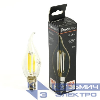 Лампа светодиодная LB-1216 6Вт C35T свеча на ветру прозрачная 4000К E14 960лм 175-265В FERON 51263