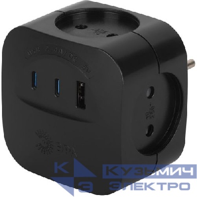 Разветвитель 4-м SP-4-3USBAC-B + 3 USB A+C со шторками 10А черн. Эра Б0069084