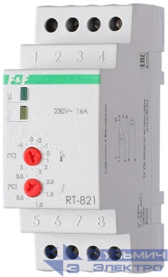Регулятор температуры RT-821 (от -4 до +5 град.C; с выносным датчиком в комплекте; 2 модуля; монтаж на DIN-рейке; 50-264В AC 16А 1NO/NC IP20) F&F EA07.001.003