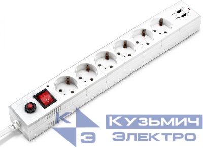 Удлинитель с сетевым фильтром 6х1.8м с заземл. 10А IP20 BU-SP1.8_USB_2A-W 2.2кВт CCA бел. BURO 992309