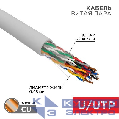 Кабель витая пара U/UTP CAT 5е PVC 16PR 24AWG INDOOR SOLID сер. 305м РФ Rexant 01-1012-R