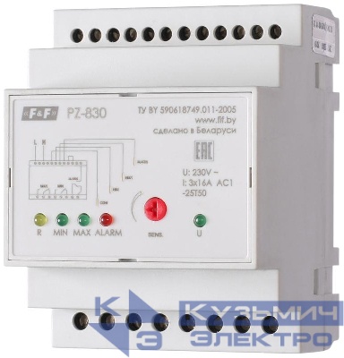 Реле уровня жидкости PZ-830 (без датчиков; трехуровн.; контроль аварийного уровня; 4 модуля; монтаж на DIN-рейке) F&F EA08.001.010