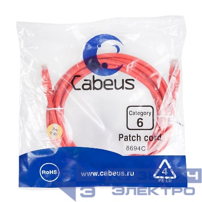 Патч-корд U/UTP кат.6 PC-UTP-RJ45-Cat.6-3m-RD 2xRJ45/8p8c неэкранир. PVC 3м красн. Cabeus 8694c