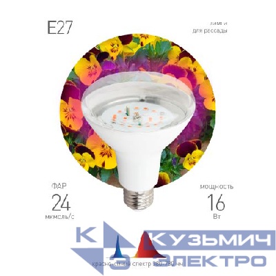 Лампа светодиодная FITO-16W-RB-E27-K 16Вт A60 грибовидная прозрачная 1310К E27 130-270В для растений красн./син. спектр Эра Б0039072