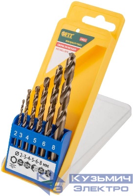 Набор сверл HSS по металлу с добавкой кобальта 5% 6шт (2-3-4-5-6-8мм) FIT 34013