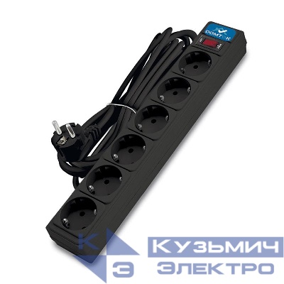 Удлинитель с сетевым фильтром 6х5м с заземл 10А IP20 2.2кВт ПВС 3х1 с выкл. черн. DOMTOK 2523