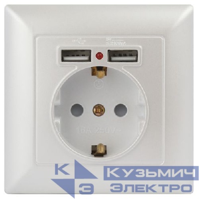 Розетка 1-м СП Solo 4-410-06 P+E Schuko 16А 250В + 2хUSB IP20 с заземл. защ. шторки перламутр Intro Б0053718
