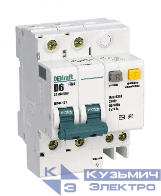 Выключатель автоматический дифференциального тока 2п D 6А 30мА тип AC ДИФ-101 со встроен. защитой от сверхтоков DEKraft 15084DEK