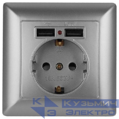 Розетка 1-м СП Solo 4-410-03 P+E Schuko 16А 250В + 2хUSB IP20 с заземл. защ. шторки алюм. Intro Б0053715