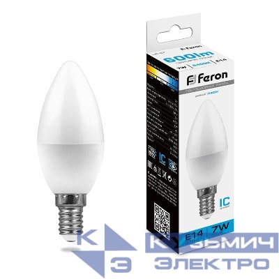 Лампа светодиодная LB-97 7Вт C37 свеча 6400К E14 230В FERON 25477