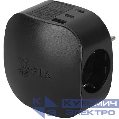 Разветвитель 3-м SP-3e-3USBAC-B + 3 USB A+C с заземл. со шторками 16А черн. Эра Б0069082