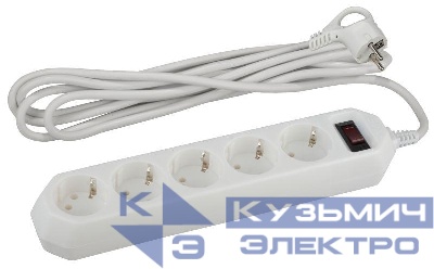 Удлинитель с сетевым фильтром 5х3м с заземл. 10А IP20 USF-5es-3m-W ПВС 3х0.75 с выкл. бел. Эра Б0019033