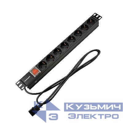 Блок распределения питания PDU 8 розеток СЕЕ 7/4 Schuko 10А выкл. вилка C14 горизонт. шнур 2м корпус алюм. Rexant 04-0302-1
