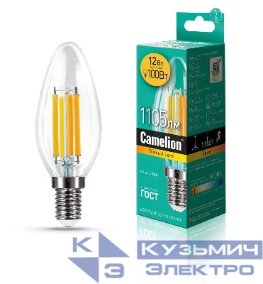 Лампа светодиодная филаментная LED12-C35-FL/830/E14 12Вт 220В Camelion 13708