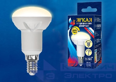 Лампа светодиодная LED-R50 7W/3000K/E14/FR/DIM PLP01WH Яркая 7Вт матовая 3000К тепл. бел. E14 диммир. (упак. картон) Uniel UL-00004710