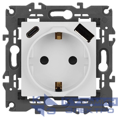Розетка Elegance 14-4108-01 16A 250В 2P+E защ. шторки с USB type-A+C 3А 5В белый Эра Б0067736