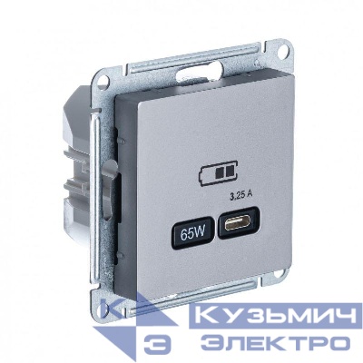 Розетка USB AtlasDesign тип C 65Вт QC PD высокоскор. ЗУ механизм сталь SE ATN000927