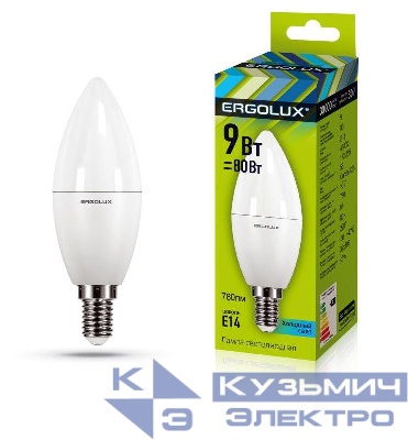 Лампа светодиодная LED-C35-9W-E14-4К 9Вт свеча 4000К нейтр. бел. E14 172-265В Ergolux 13168