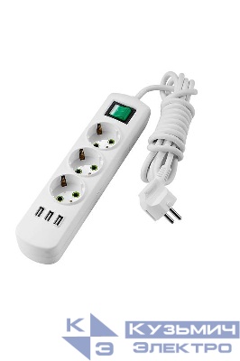 Удлинитель 3х3м с заземл. Letitia USB с выкл. LEZARD 721-0303-302U