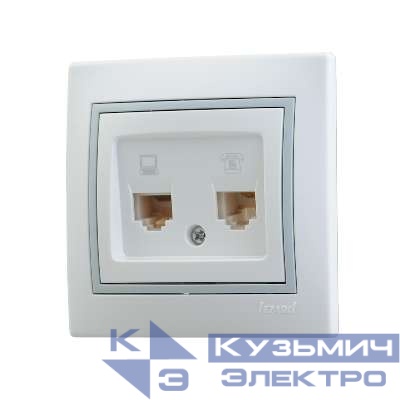 Розетка компьютерная + телефонная 2-м СП Mira RJ45 + RJ11 IP20 с сер. вставкой бел. LEZARD 701-0215-143