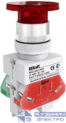 Выключатель кнопочный "Грибок" AELA ВК-22 d22мм 220В неон красн. DEKraft 25030DEK