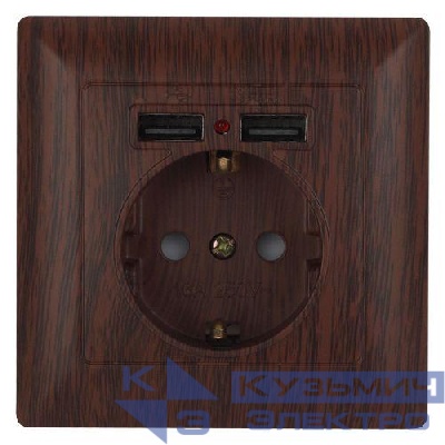 Розетка 1-м СП Solo 4-410-10 P+E Schuko 16А 250В + 2хUSB IP20 с заземл. защ. шторки венге Intro Б0053719