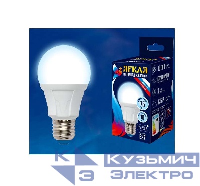 Лампа светодиодная LED-A60 10W/DW/E27/FR PLP01WH Яркая 10Вт грушевидная матовая 6500К холод. бел. E27 (упак. картон) Uniel UL-00002004