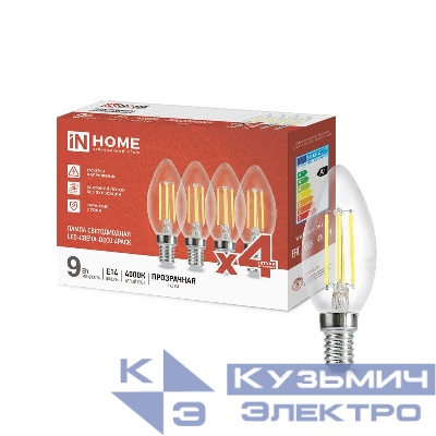 Лампа светодиодная филаментная LED-СВЕЧА-deco 4PACK 9Вт свеча прозрачная 4000К нейтр. бел. E14 1040лм 230В (уп.4шт) IN HOME 4690612052557