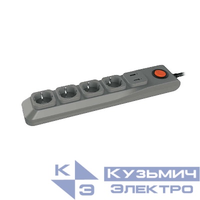 Удлинитель с сетевым фильтром 4х3м с заземл. 10А Lux SGSL5-3U GREY 1хUSB 1А ПВС 3х0.75 защита от перенапряж. короткого замыкания Uniel UL-00001761