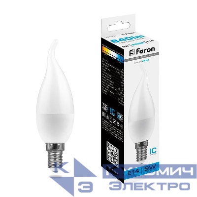 Лампа светодиодная LB-570 9Вт C37Т свеча на ветру 6400К E14 230В FERON 38136