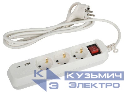 Удлинитель 3х1.5м с заземл. 10А +1xUSBA+1xUSBC с выкл. UB-3es-1.5m-USB Эра Б0052897