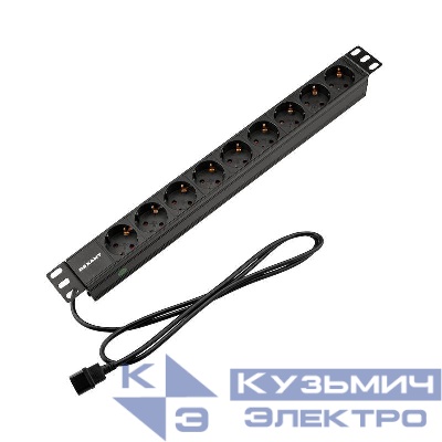 Блок распределения питания PDU 9 розеток СЕЕ 7/4 Schuko 10А без выкл. вилка C14 горизонт. шнур 2м корпус алюм. Rexant 04-0305-1