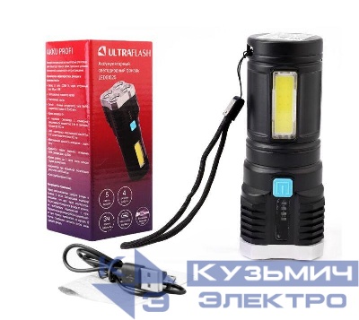 Фонарь аккумуляторный LED51525 4В 4LED+COB 3Вт 4 реж. Micro USB черн. (бокс) Ultraflash 15195