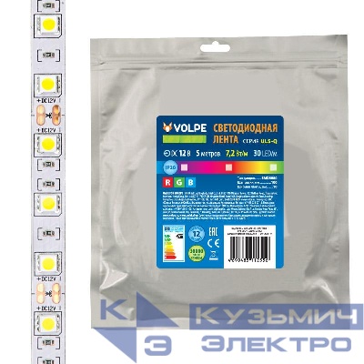 Лента светодиодная гибкая ULS-Q210 5050-30LED/m-10mm-IP20-DC12V-7.2W/m-5M-RGB на самоклеящейся основе (уп.5м) Volpe UL-00004541