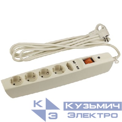 Удлинитель с сетевым фильтром 5х2м с заземл. 10А IP20 U-5es-2m-I 2хUSB ПВС 3х0.75 с выкл. защ. шторки сл. кость Эра C0043328