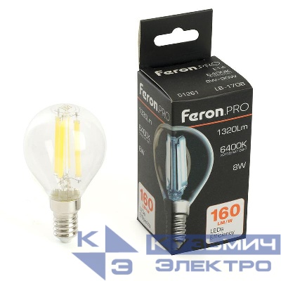 Лампа светодиодная LB-1708 8Вт G45 шар прозрачная 6400К E14 1320лм 175-265В FERON 51261