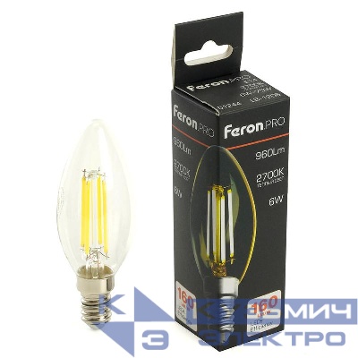 Лампа светодиодная LB-1206 6Вт C35 свеча прозрачная 2700К E14 960лм 175-265В FERON 51244