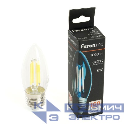 Лампа светодиодная LB-1206 6Вт C35 свеча прозрачная 6400К E27 1000лм 175-265В FERON 51240