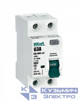 Выключатель дифференциального тока (УЗО) 2п 63А 100мА тип A 6кА УЗО-03 DEKraft 14274DEK