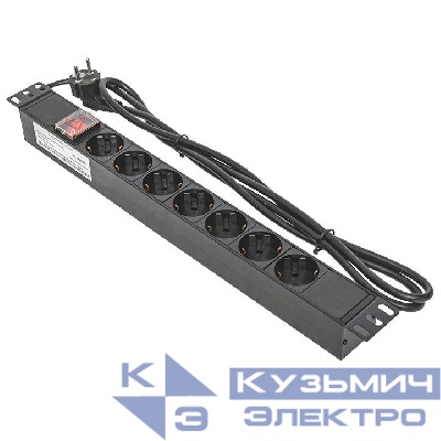 Блок PDU TERACOM 19дюйм 1U 16А/250В 7 роз. Schuko с выключат. шнур 2м 3х1.5кв.мм вилка Schuko корпус пластик черн. EKF TRC-HPD-LS-16A-7SH-2MSH