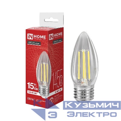 Лампа светодиодная LED-СВЕЧА-deco 15Вт свеча прозрачная 4000К E27 1455лм 230В IN HOME 4690612063300