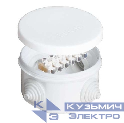 Коробка распределительная ОП d75х45мм IP54 с клемм. 4 выхода 4 гермоввода 10А 6 контактов крышка защелкивающаяся бел. Epplast 240343